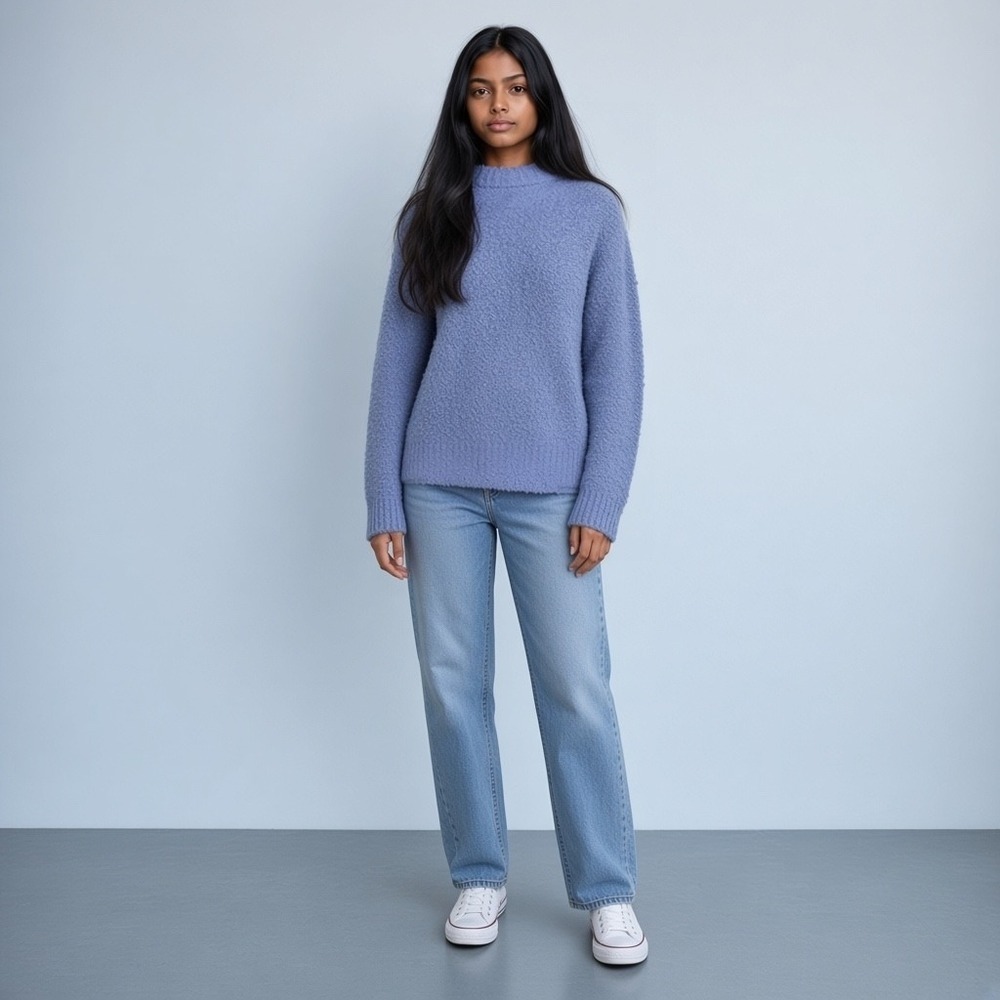 Abound Sweater Women Size Medium Blue Boucle Knit Crew Neck Long Sleeve Pullover